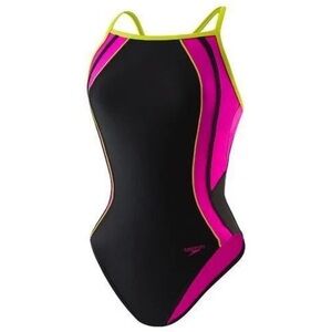 SPEEDO Ignite Back Swim Suit Black Electric Pink Yellow Womens 4 ColorBlock